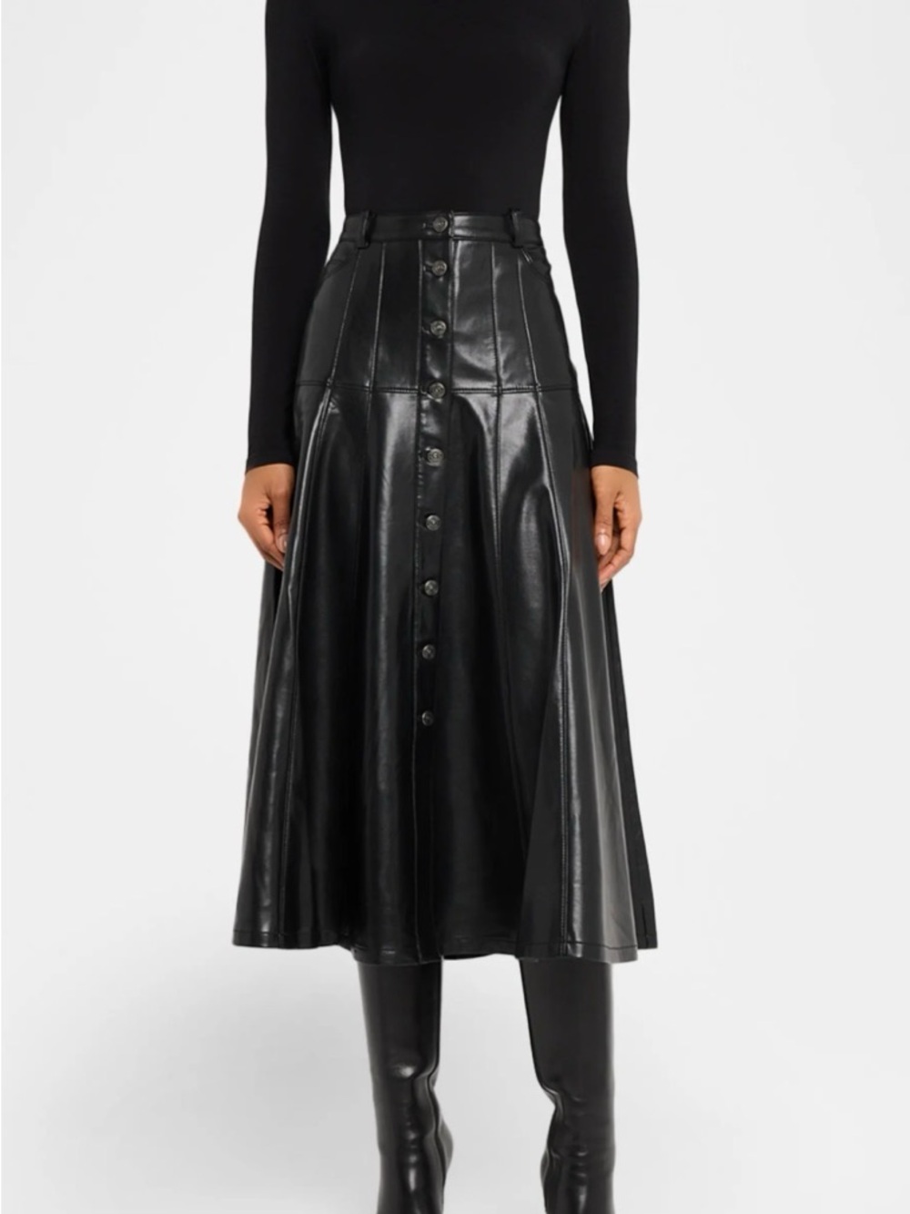 cinq a sept Black Vegan Leather Button-Front Midi Skirt